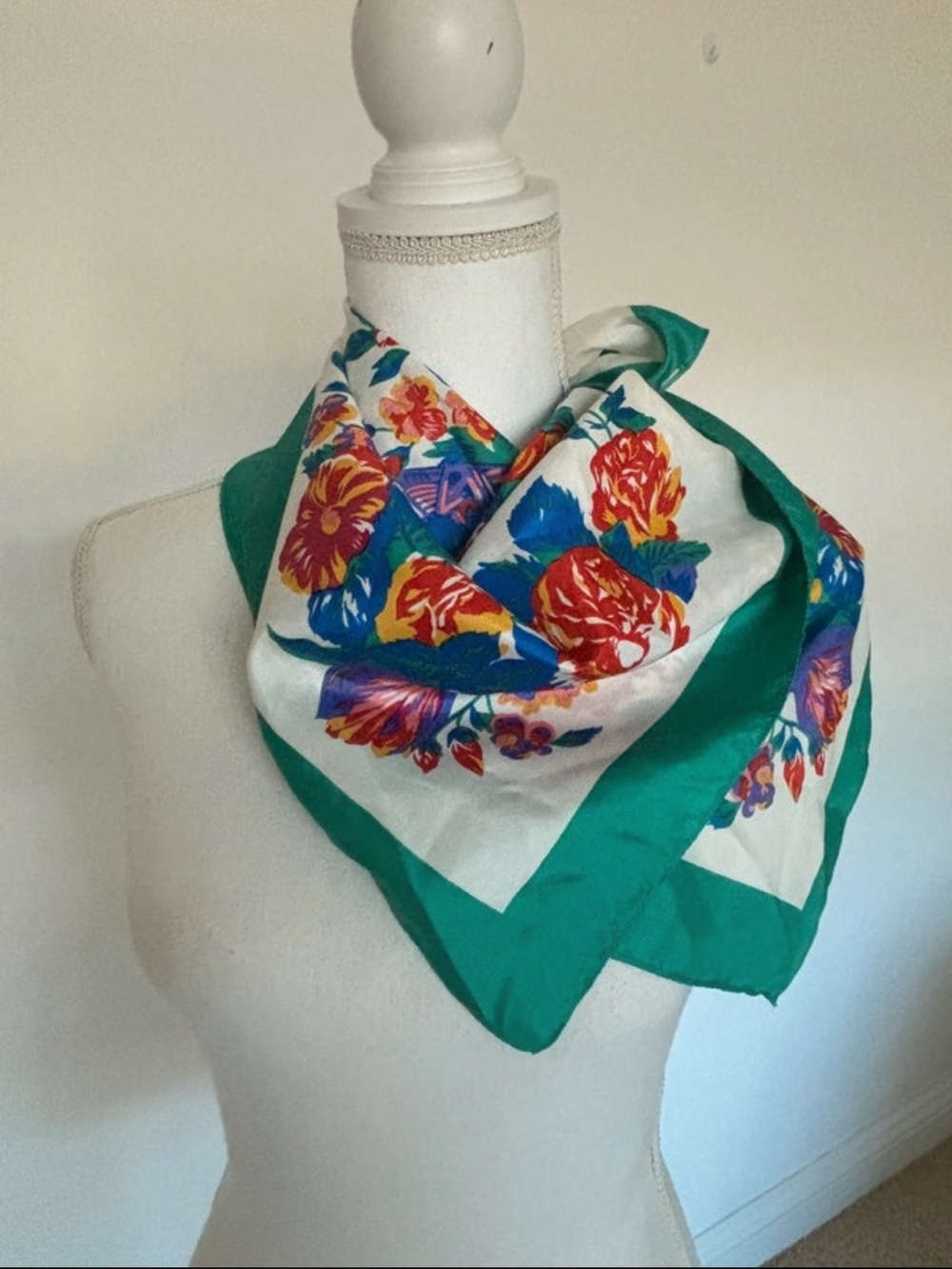 Vintage Morly Floral Silk-Feel Square Scarf with Green Border